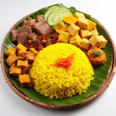 Nasi Kuning: Indonesian yellow rice cooked with coconut milk and turmeric, usually served with various side dishes such as fried chicken, beef rendang, fried tofu, and fried tempeh