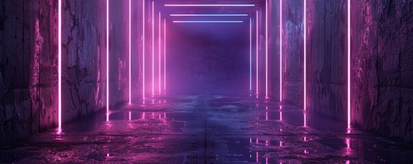 Futuristic neon corridor with reflective floor