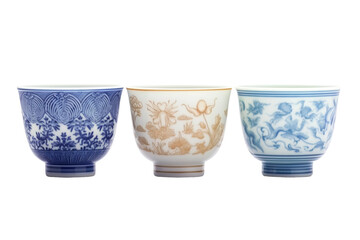 Three Bowls Arranged Neatly Side by Side. On a White or Clear Surface PNG Transparent Background..