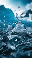 Water splash in blue tones with mountain background