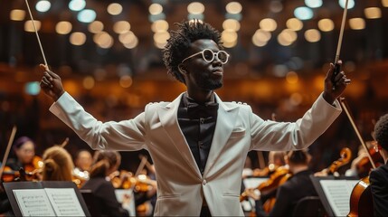 A young black conductor on a platform center stage leading an orchestra. Generative AI.