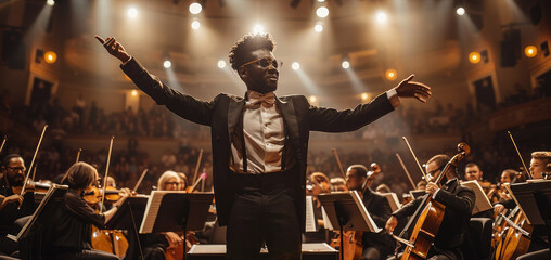 A young black conductor on a platform center stage leading an orchestra. Generative AI. - obrazy, fototapety, plakaty