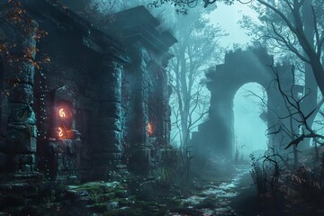 Mysterious misty forest with ancient ruins and glowing runes, fantasy adventure concept, digital illustration