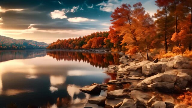 Autumn landscape with a lake and colorful forest. HDR image, AI Generated
