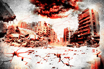 Destroyed burning buildings on street of city. Grunge scratch background. Concept illustration	

