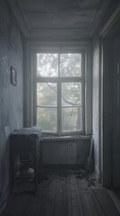 Abandoned room with a view of trees through a foggy window
