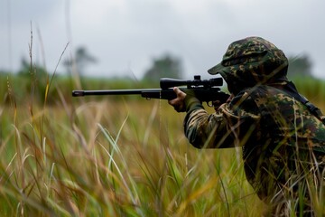 person in camouflage gear aiming a rifle in a grassy field - obrazy, fototapety, plakaty
