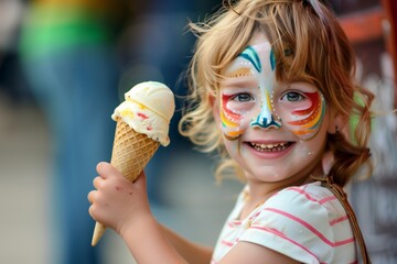 happy child with face painted holding ice cream