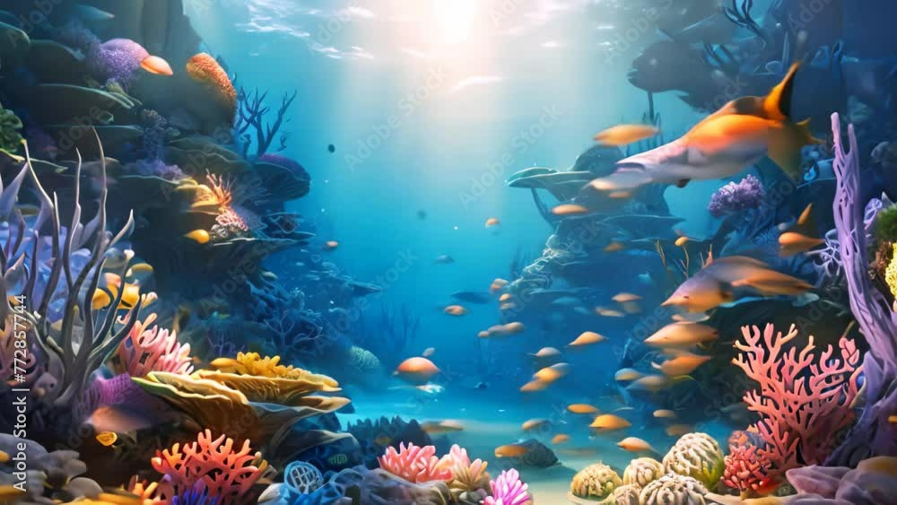 Wall mural Underwater scene with coral reef and fishes  illustration for children, AI Generated