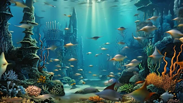 Underwater scene with corals and tropical fish. 3d render, AI Generated