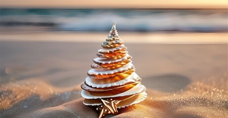 small seashell christmas tree on the beach with a copy space.