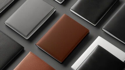 An assortment of luxury leather wallets varying in colors neatly displayed against a gray background - obrazy, fototapety, plakaty