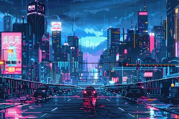 Pixel Art Illustration of a Cyberpunk Metropolis at Night with Futuristic Skyscrapers, Flying Cars, Holographic Billboards, Robots on Streets, Pixel Art Style