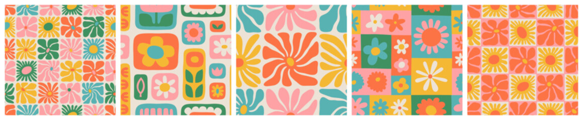 Retro floral seamless pattern illustration set. Vintage style hippie flower background design collection. Geometric checkered wallpaper print, spring season nature backdrop texture with daisy flowers.