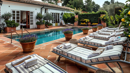 A luxury villa's courtyard pool, surrounded by Mediterranean-style architecture. Sunbeds with beach towels featuring classic stripes are set on terracotta tiles,  - obrazy, fototapety, plakaty