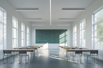 A white modern classroom with a chalkboard, tables and chairs for students to study in the center of an empty room with large windows on both sides