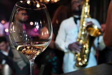 club guests view of saxophonist through a filled wine glass - obrazy, fototapety, plakaty
