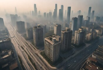 city skyline, The whole city polluted with smog pollution, city view from satellite, modern city...