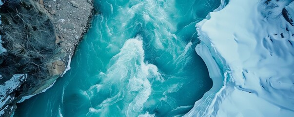 Aerial view of a turquoise river running through a snow-covered landscape - obrazy, fototapety, plakaty