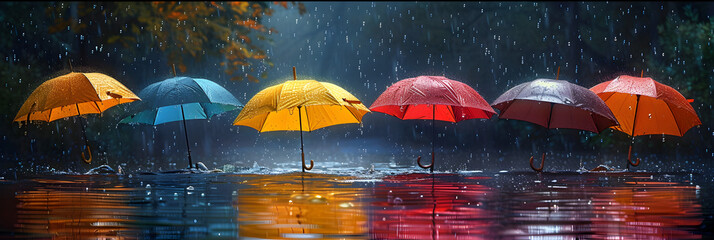 Colorful umbrellas floating on the water ,
Rainbow umbrella in heavy rain Raining protection concept banner
