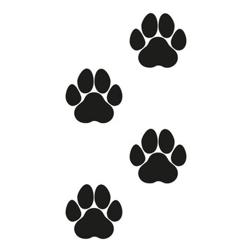 Dog paws foot trace. Dog paw print trail. Paw silhouette. Vector illustration. Animal paw black icon. Dog's tracks drawing.