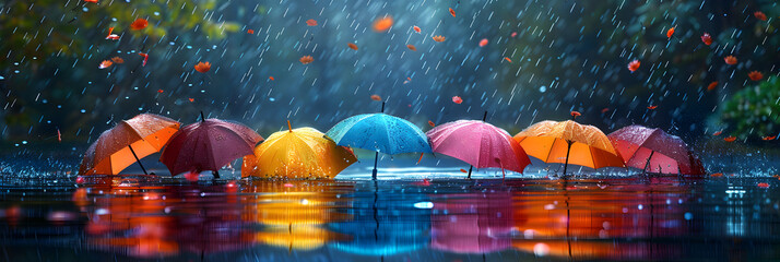 Colorful umbrellas floating on the water ,
An umbrella in the rain by person
 - obrazy, fototapety, plakaty
