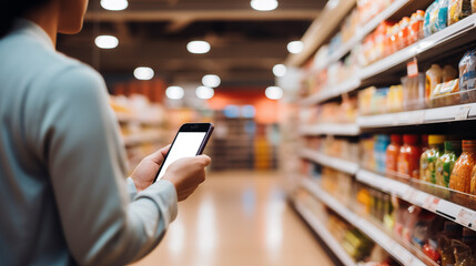 Mobile phone in hand inside super market. Close-up of a hand holding a smartphone with a mobile screen