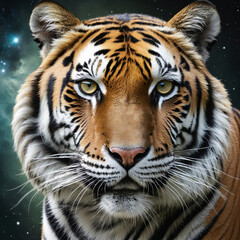  a portrait of a tiger distorted with galaxies mixed  colorful background