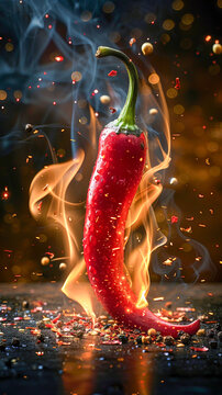 Red and hot chili pepper in flames on black background,The photography is in the style of high resolution