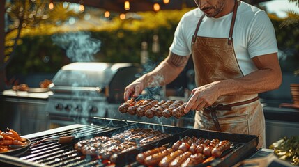A man with apron on cooking burgers and hot dogs on a grill during a beautiful summer day. Generative AI.