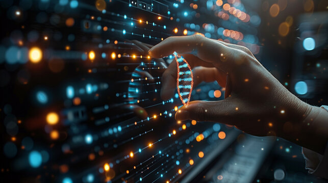 Within a digital interface reminiscent of a futuristic clinic, a doctor's engagement with a DNA icon highlights the integration of AI technologies in revolutionizing medical diagnostics and treatments