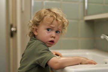 Fototapeta premium child in bathroom, worried look, holding onto counter