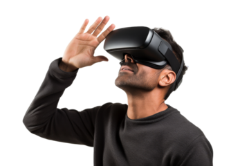 Man Wearing Virtual Reality Headset. On a White or Clear Surface PNG Transparent Background..