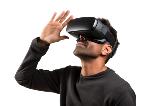 Man Wearing Virtual Reality Headset. On a White or Clear Surface PNG Transparent Background..