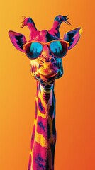 Colorful giraffe with sunglasses on orange background - obrazy, fototapety, plakaty