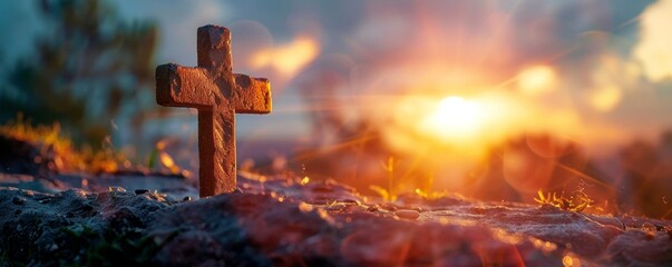 Sunset behind a wooden cross