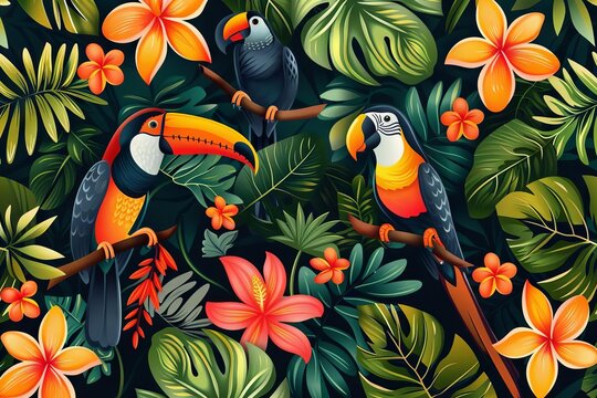 Vibrant tropical rainforest pattern with colorful birds and flowers, seamless design