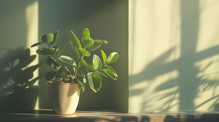 Indoor plant in sunlight with shadows