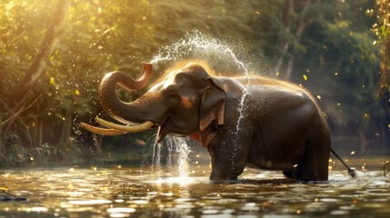 Elephant splashing water in a river