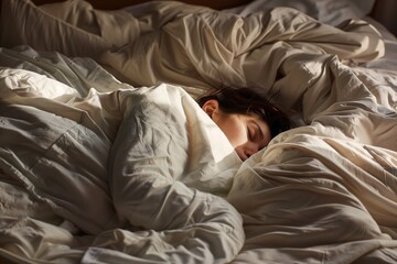 person sleeping in a kingsized bed with high thread count linens
