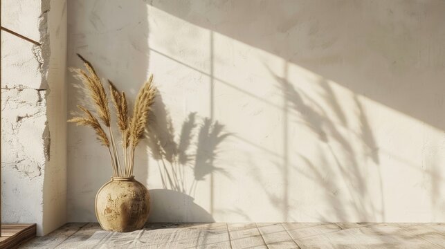 Dried pampas grass in a rustic vase with shadows on wall