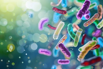 3d rendering of bacteria and virus cells in abstract background with bokeh - obrazy, fototapety, plakaty