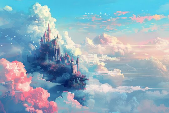 Whimsical fairy tale castle in the clouds, dreamy fantasy illustration, digital painting