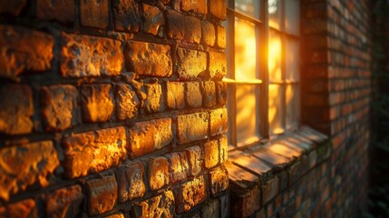 Sunset light reflecting on a brick wall with window