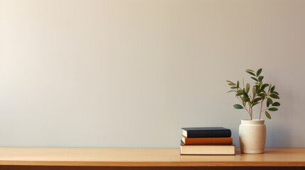 A white vase with a plant sits on a wooden desk