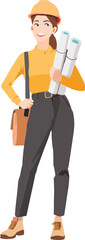 Smiling woman in construction gear holding architectural plans
