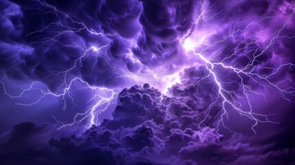 Intense lightning storm with purple sky - obrazy, fototapety, plakaty