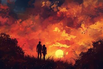 Obraz na płótnie Canvas Romantic couple silhouette against sunset sky, love and relationship concept, digital illustration