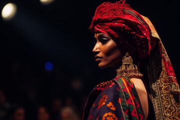 Professional Photography of a Supermodel Gracing the Catwalk in Traditional Cultural Attire, Generative AI