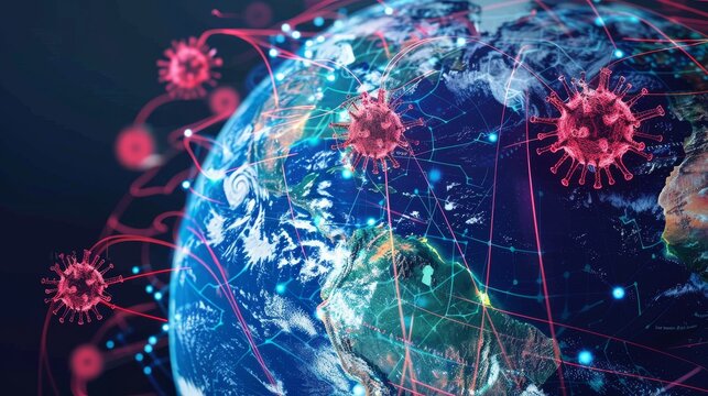 Illustrative concept of a global pandemic with symbolic virus structures interconnected over a digital image of Earth.